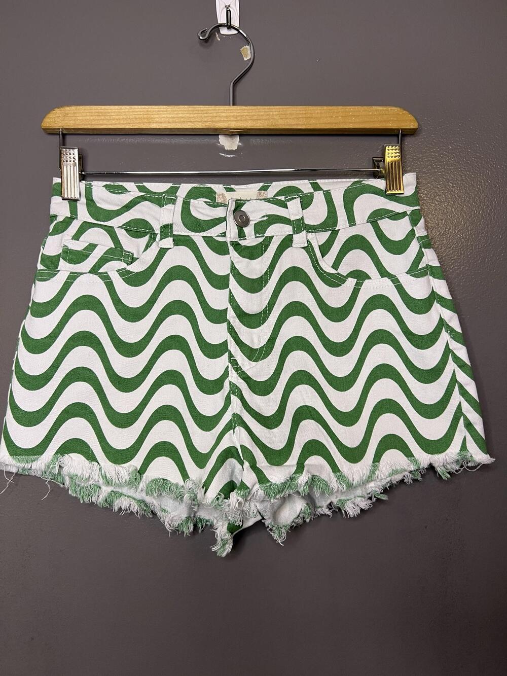 Altar'd State Denim Shorts Womens Small Green Wave Stripe Cutoff Fringe